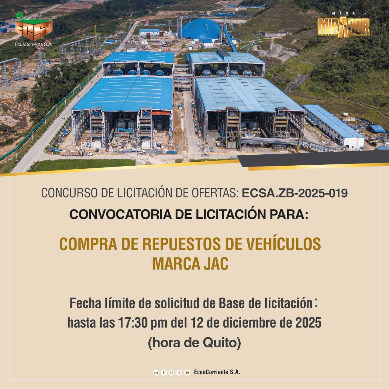 ECSA.ZB-2025-019 江淮牌车辆备件公开招标公告 La convocatoria a licitación pública para la compra de repuestos de vehículos marca JAC