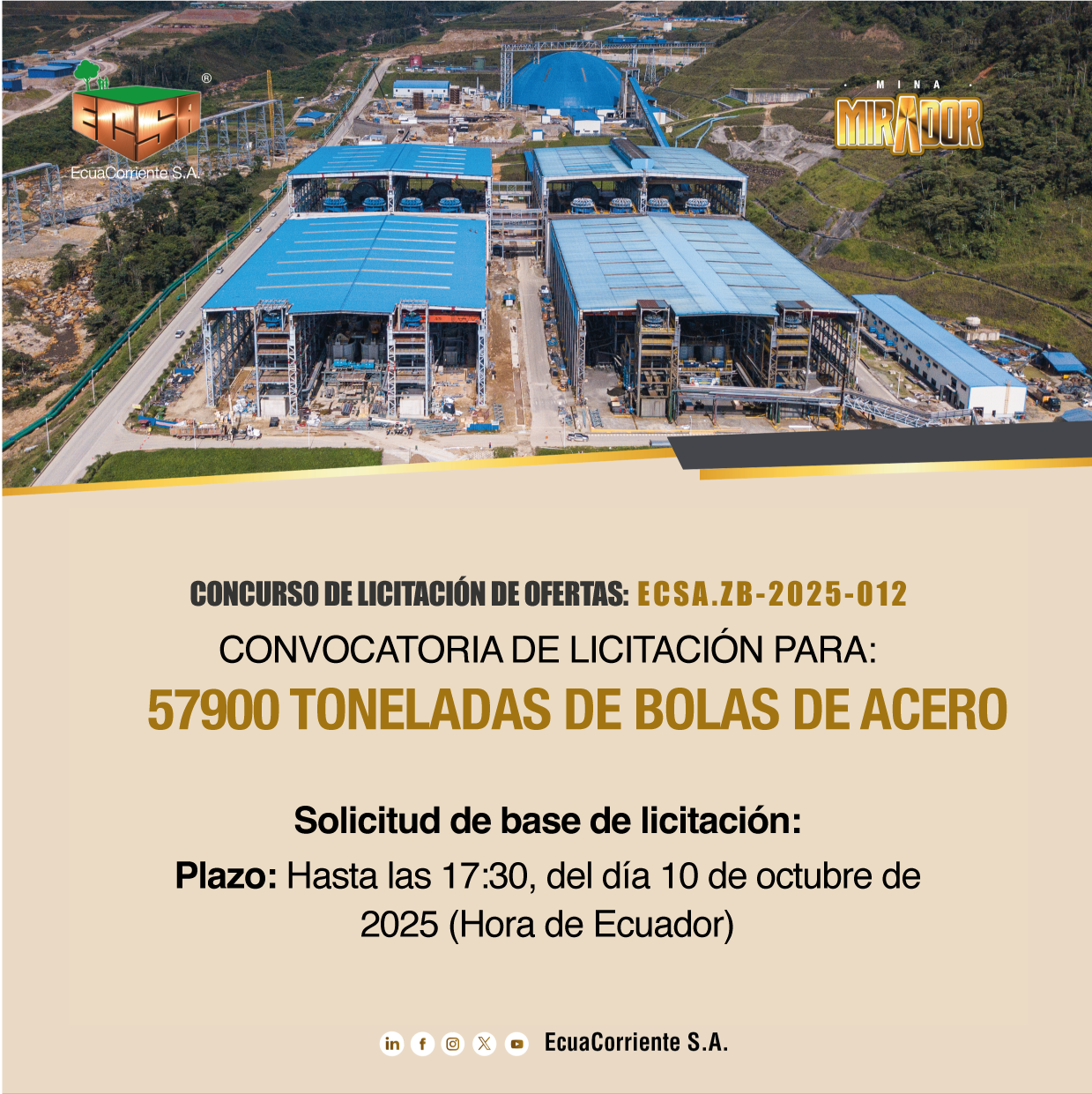 ECSA.ZB-2025-012 钢球采购公开招标公告 La convocatoria a licitación pública para la adquisición de bolas de acero