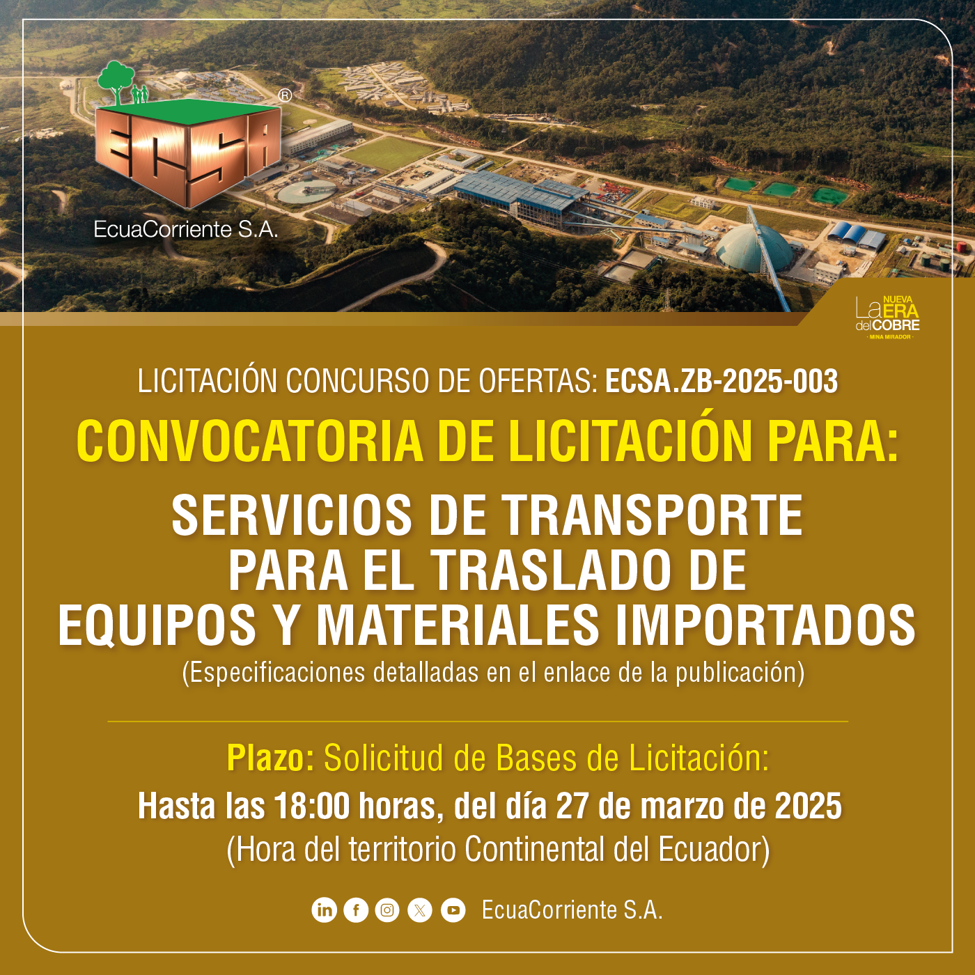 ECSA.ZB-2025-003 内陆运输服务公开招标公告La convocatoria de licitación pública de servicios de transporte terrestre