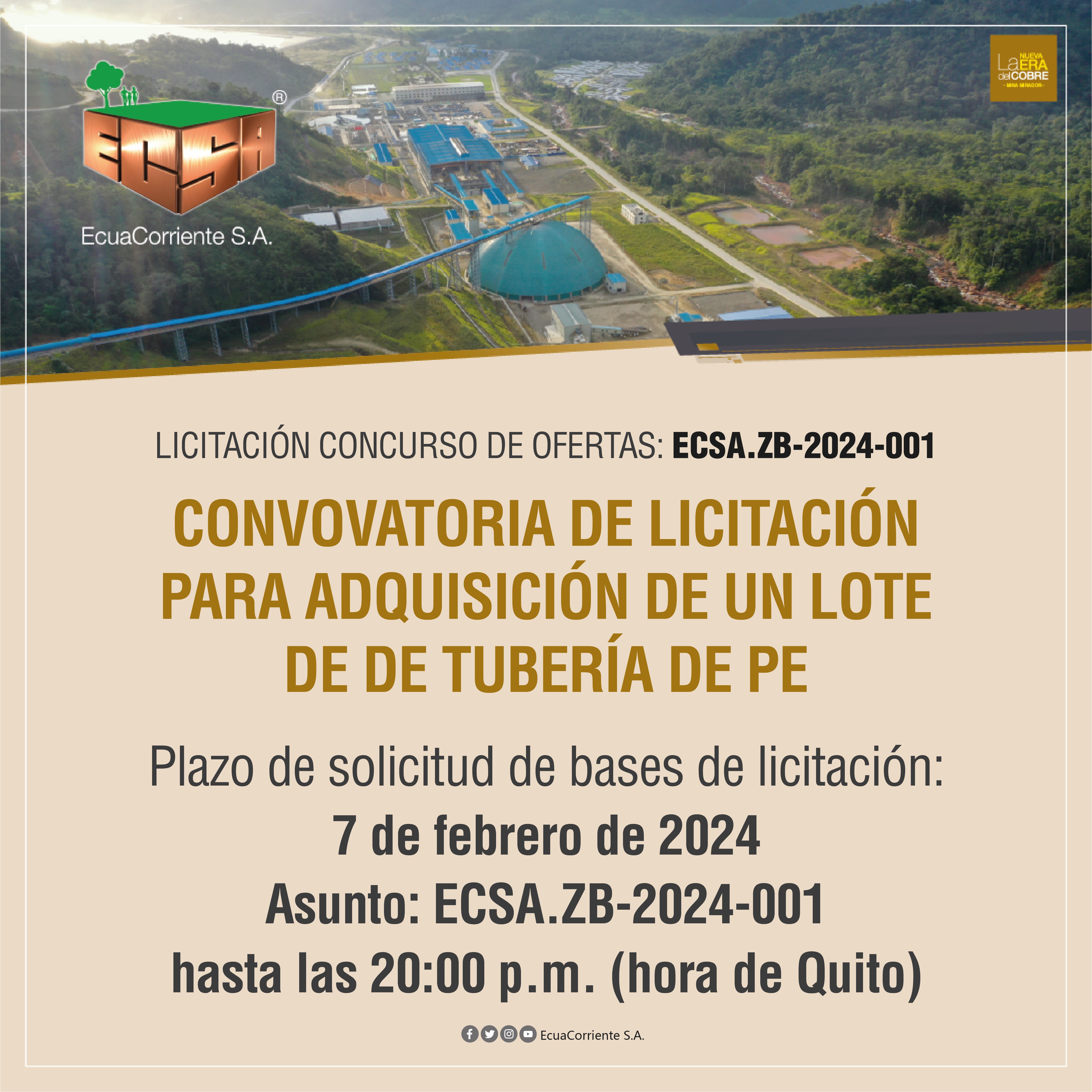 ECSA.ZB-2024-001 管道公开招标公告Anuncio de licitacion publica para tubería de PE PE