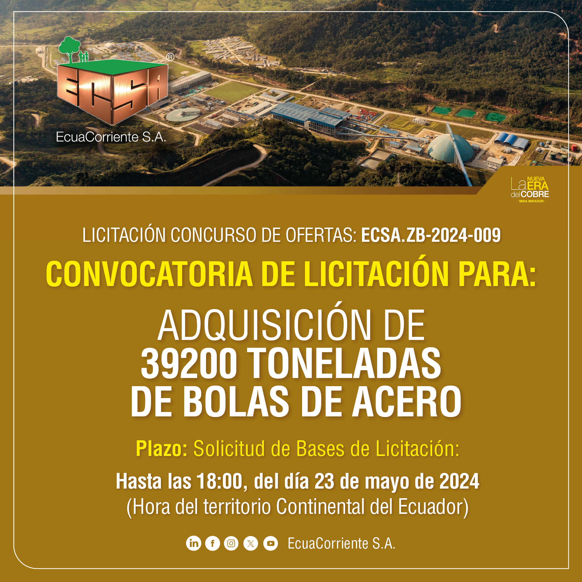 ECSA.ZB-2024-009 钢球公开招标招标公告 Anuncio de licitación pública para bolas de acero