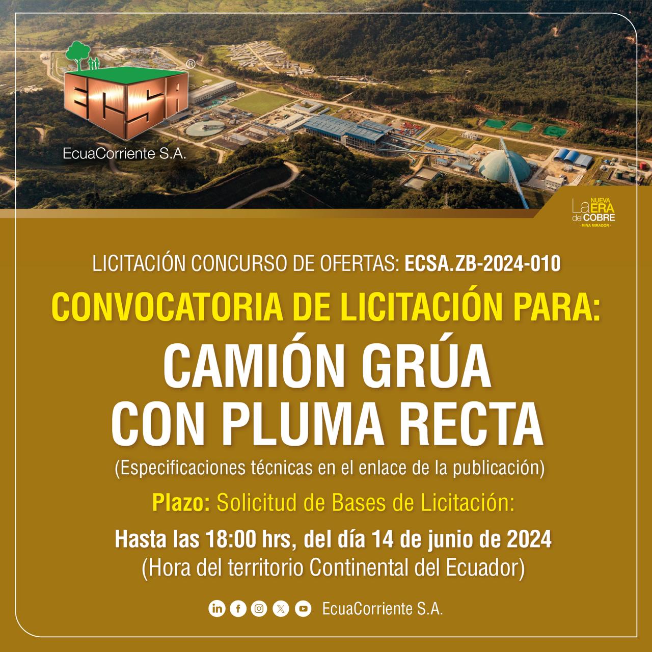 ECSA.ZB-2024-010 吨直臂式随车起重机公开招标公告 Anuncio de Licitación Pública para Camión grúa con pluma recta