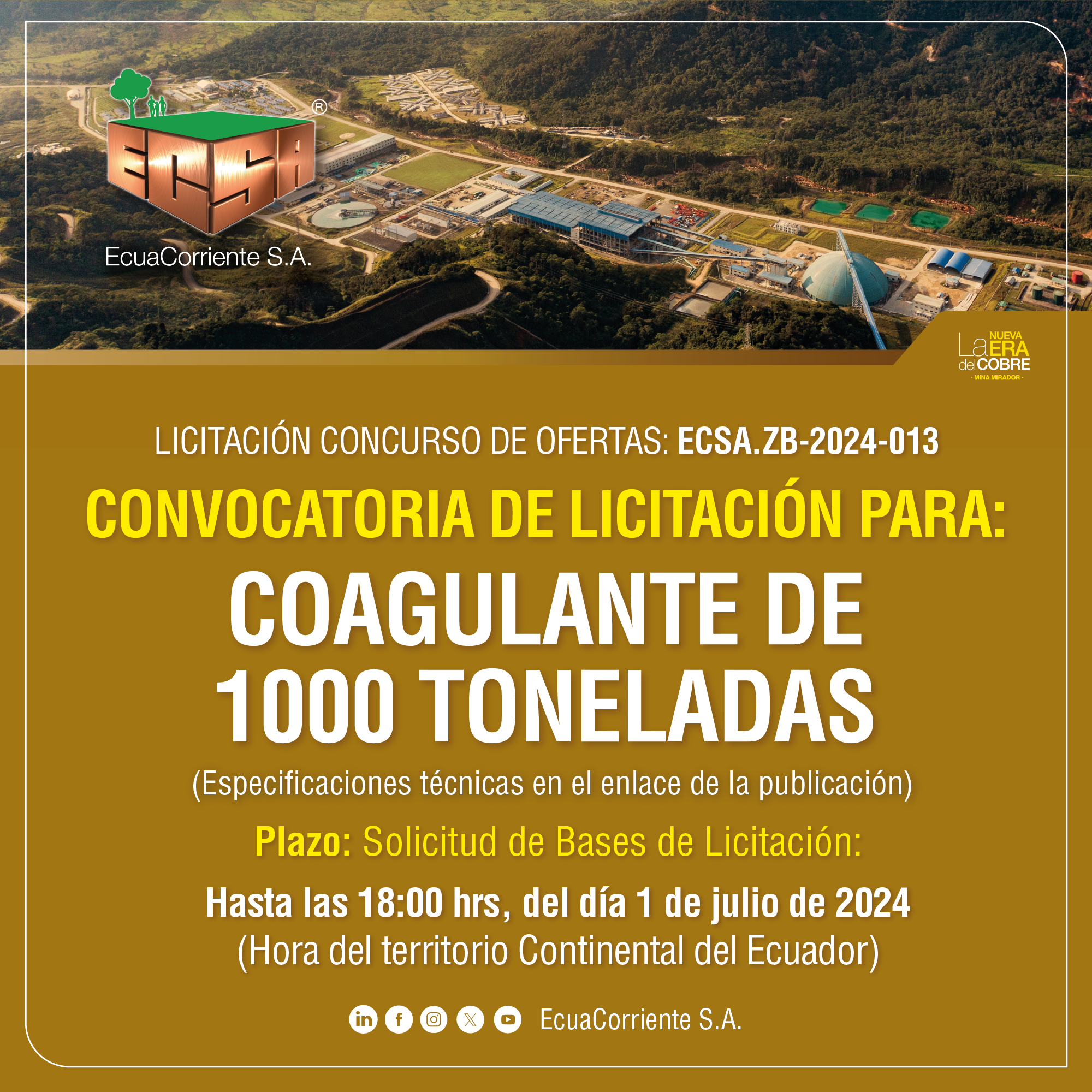 ECSA.ZB-2024-013 1000吨混凝剂公开招标招标公告Anuncio de Licitación pública para Coagulante de 1000 toneladas