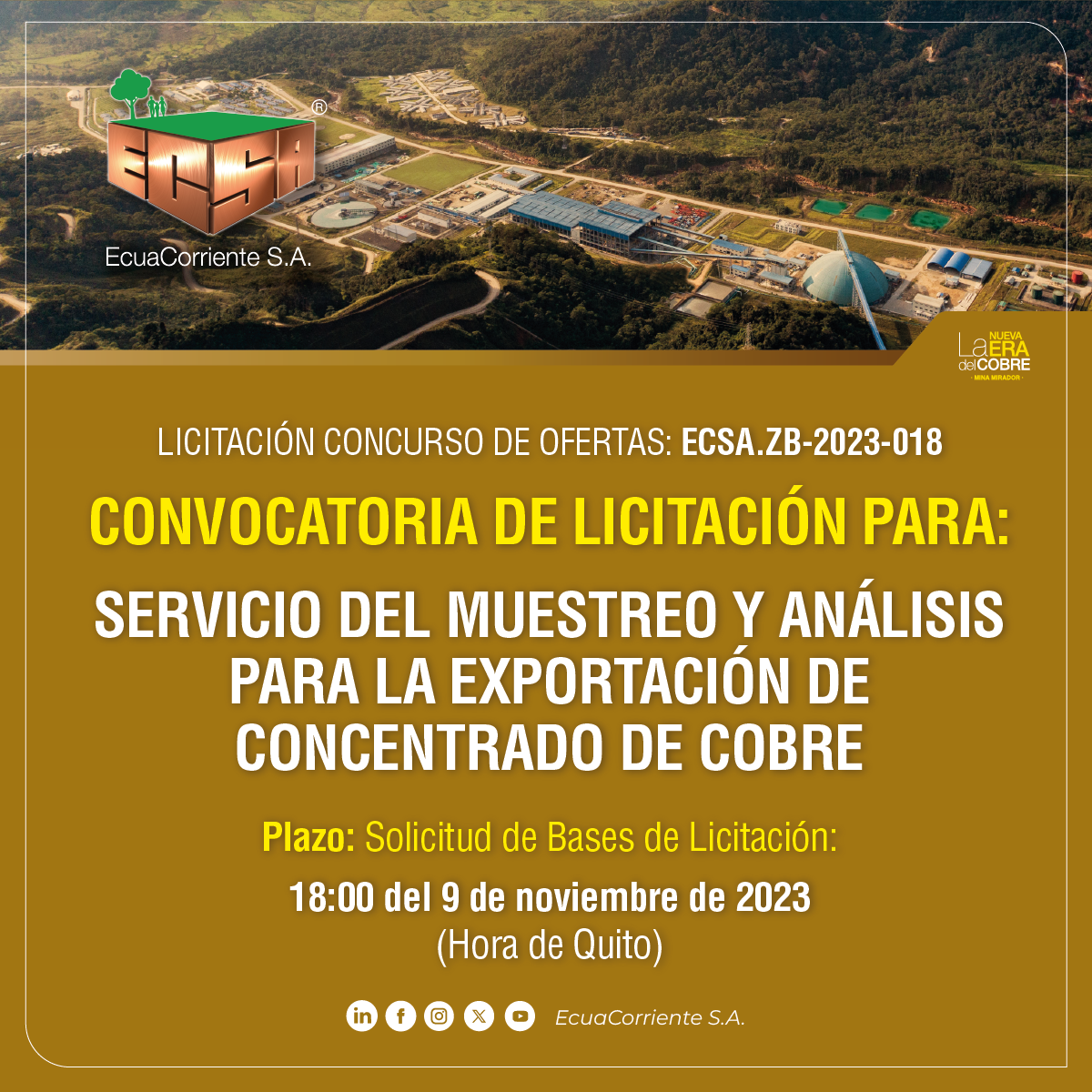 ECSA.ZB-2023-018铜精矿出口取样检测服务公开招标公告servicio del muestreo y análisis para la exportación de concentrado de cobre