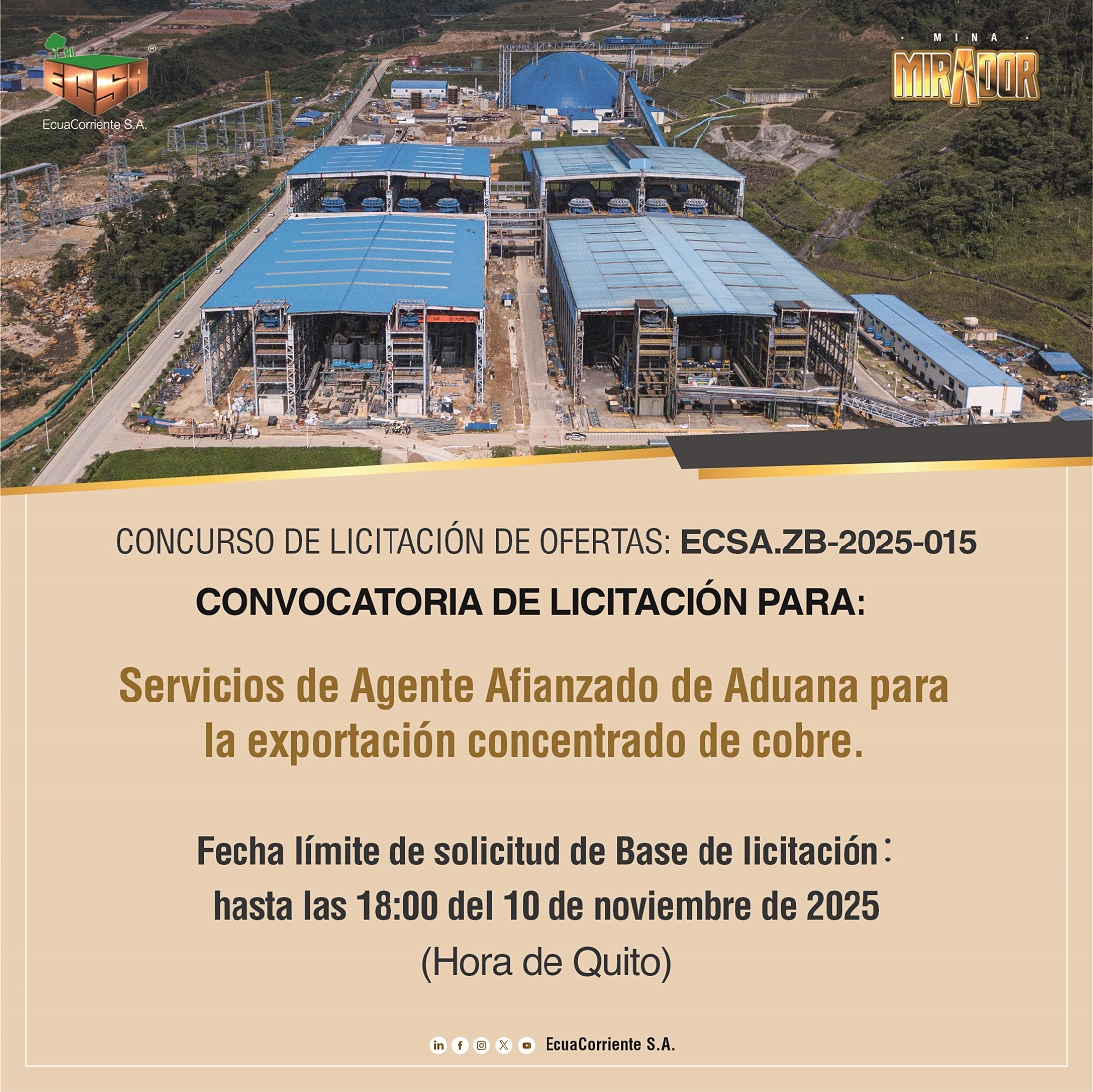 ECSA.ZB-2025-015 铜精矿出口报关代理服务公开招标公告Anuncio de Licitación Pública para Servicios de Agente Afianzado de Aduana para la exportación concentrado de cobre